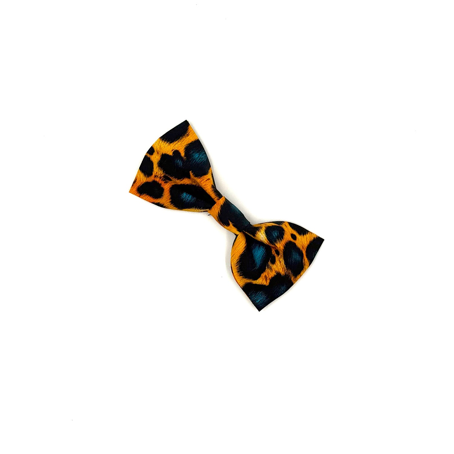 Leopard print bow tie on a white background. Handmade by Barkley and Fetch UK