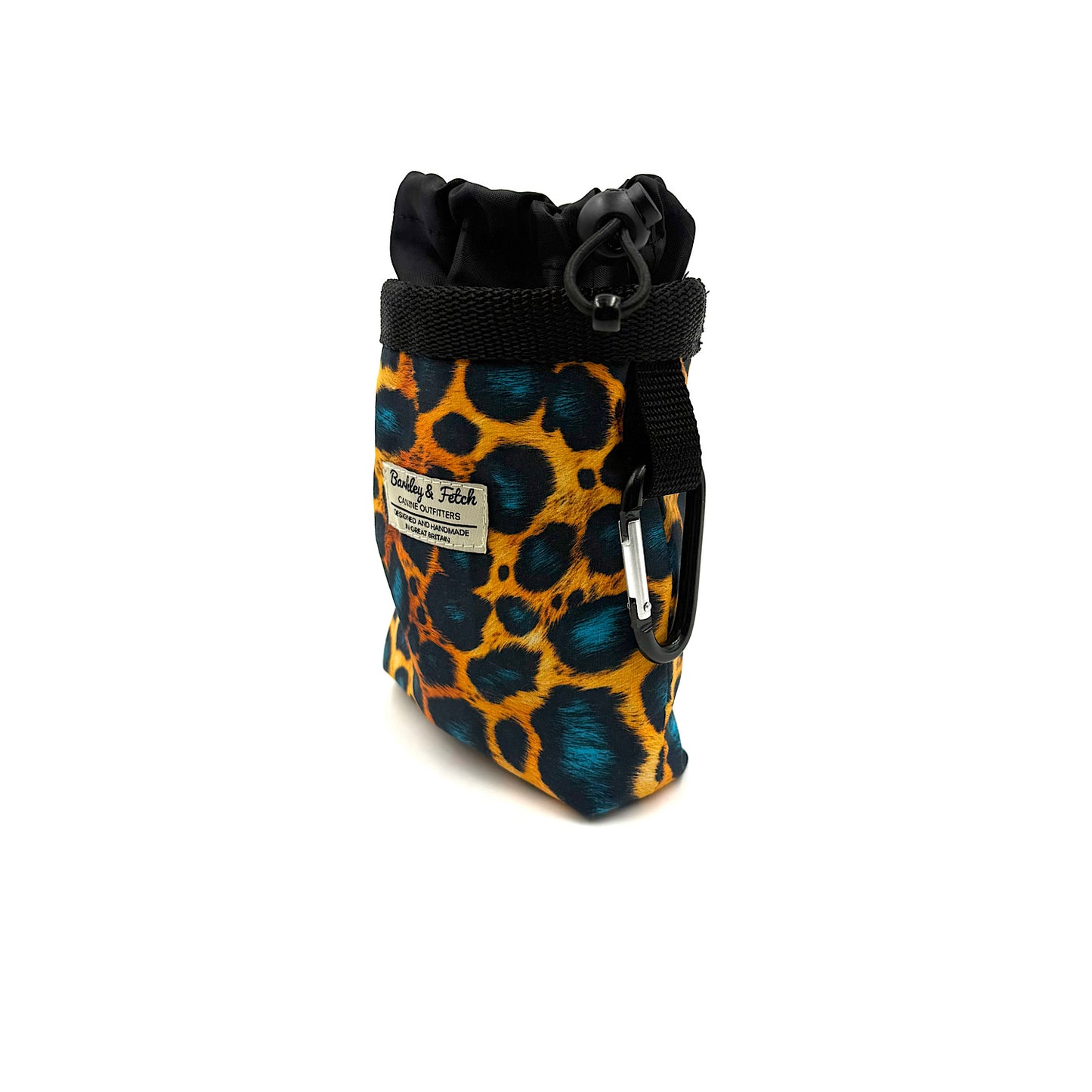 Leopard print dog training bag with black drawstring on a white background. Handmade by Barkley and Fetch UK