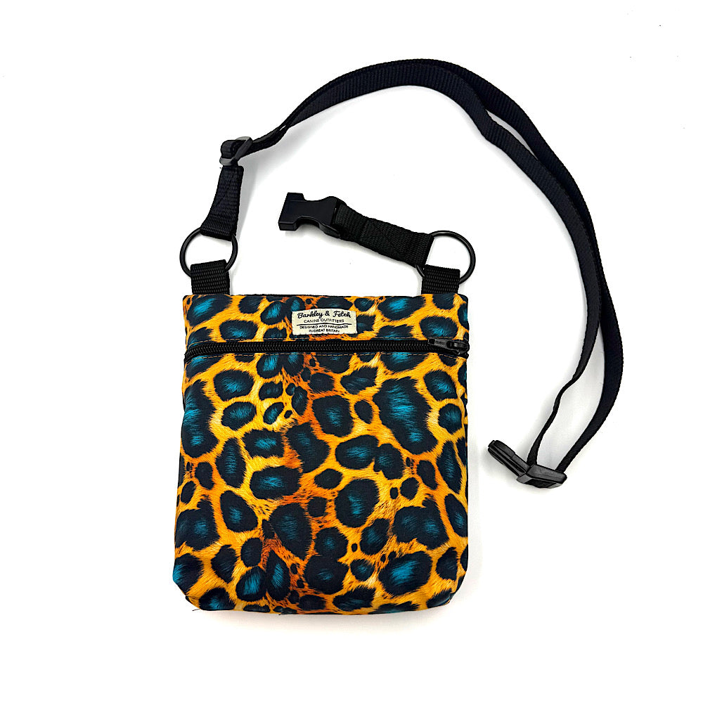 Crossbody bag with leopard print pattern on a white background. Handmade in UK by Barkley and Fetch