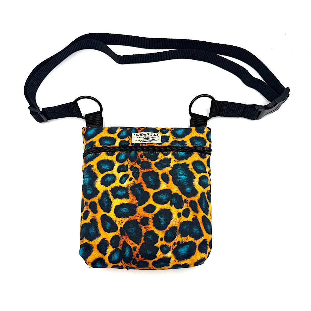 Leopard print bag with a black strap on a white background. Handmade in UK by Barkley and Fetch