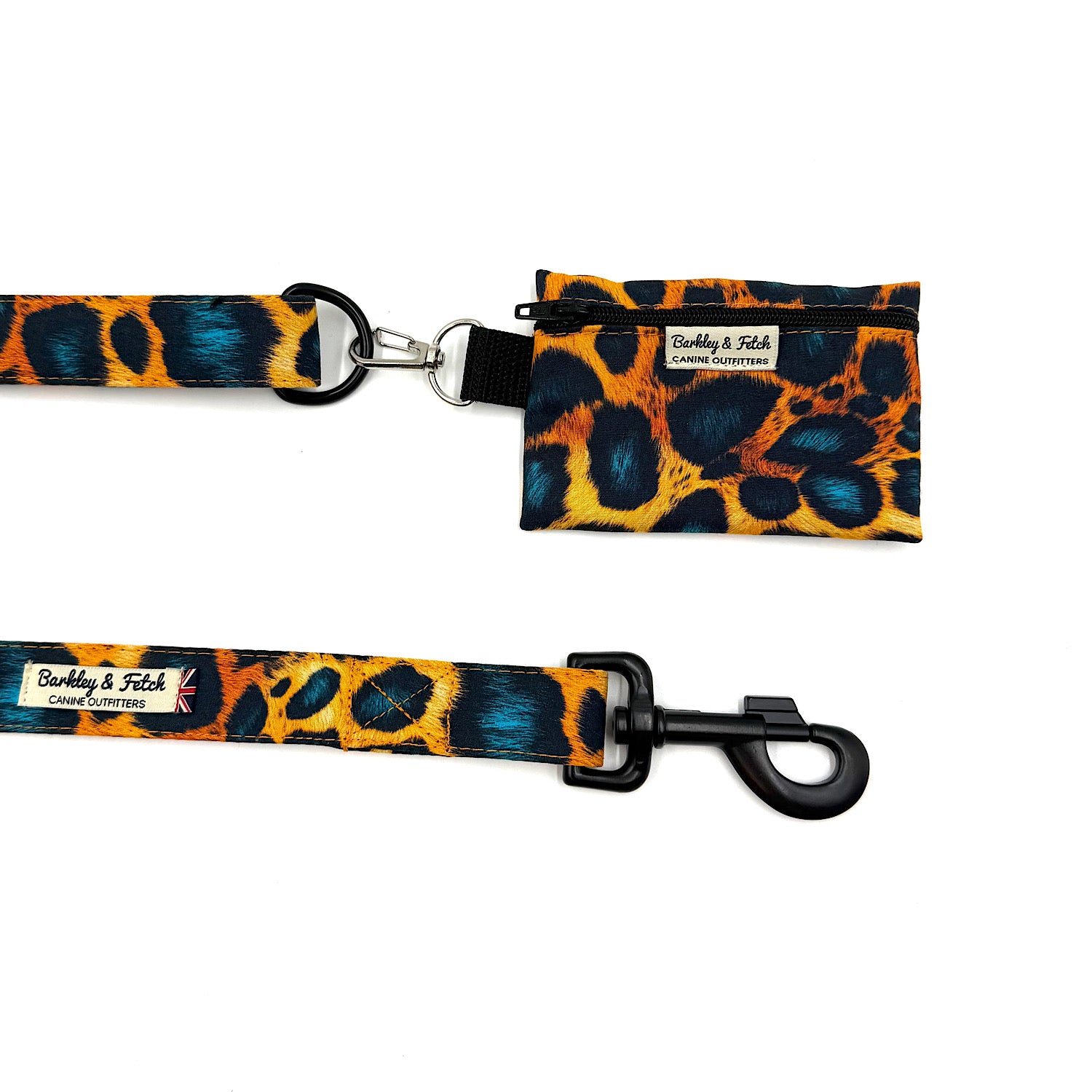 Leash and matching pouch with leopard print design on a white background. Handmade in UK by Barkley and Fetch