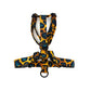 Leopard print dog harness on a white background. Handmade in UK by Barkley and Fetch