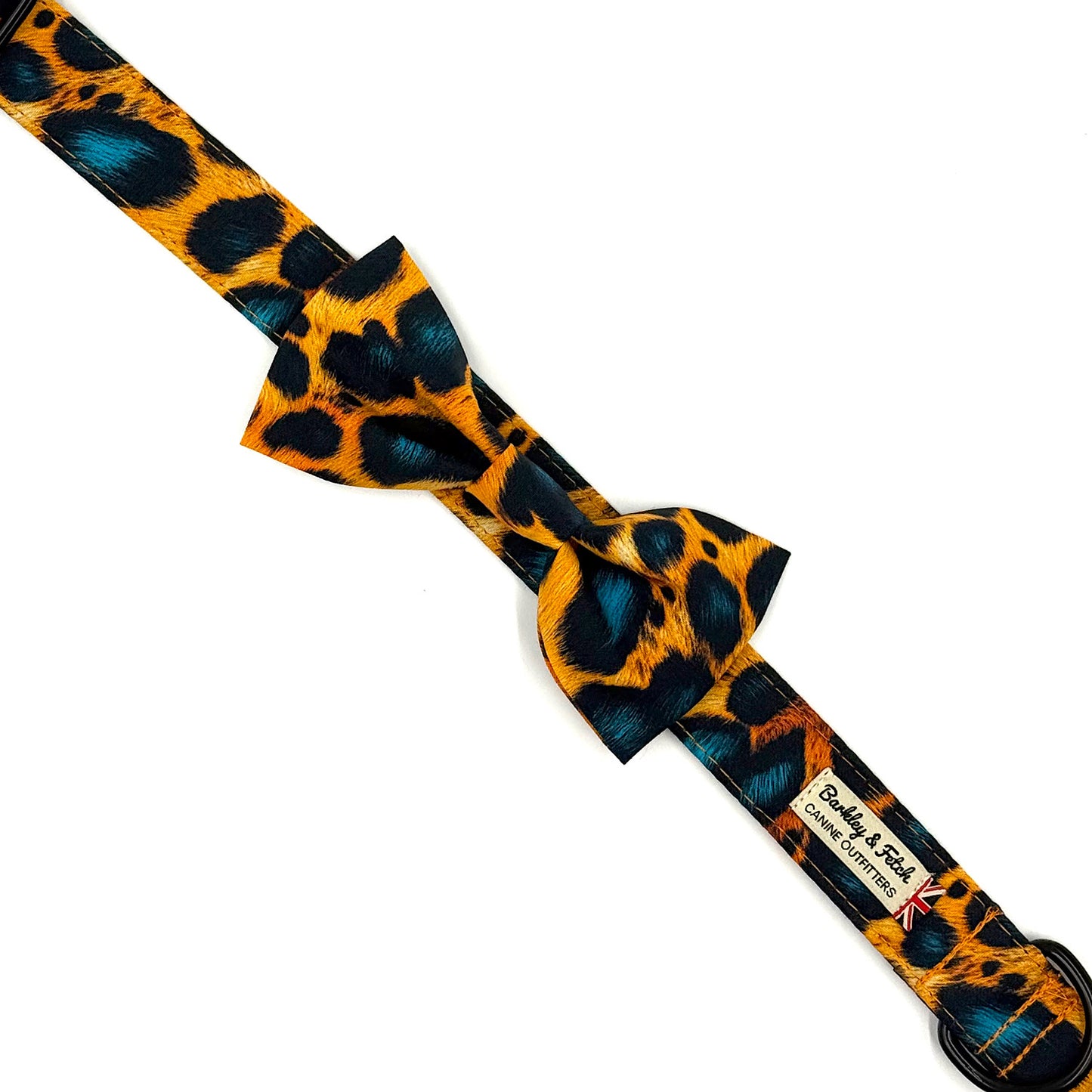 Leopard print dog collar with a visible brand label on a white background. Handmade by Barkley and Fetch UK
