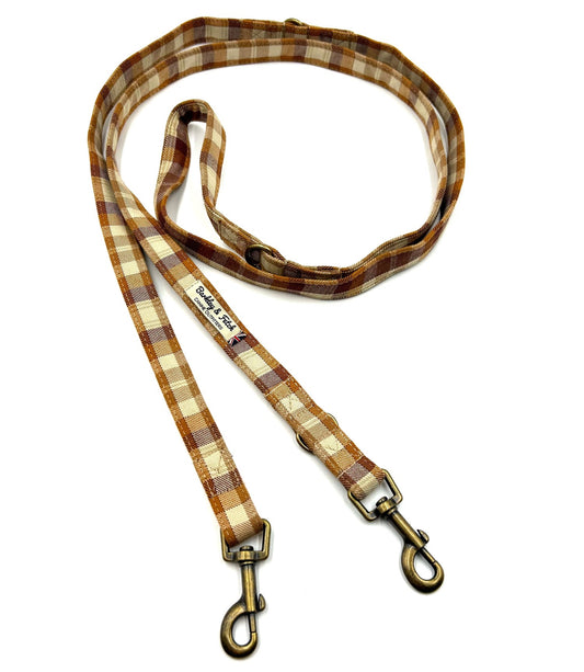 Handmade light brown gingerbread check double ended dog training lead
