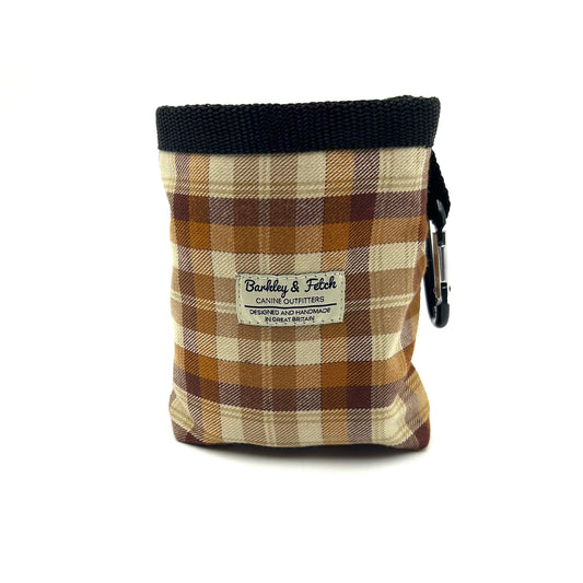 Handmade brown gingerbread check pattern treat bag, with drawstring and attachable clip