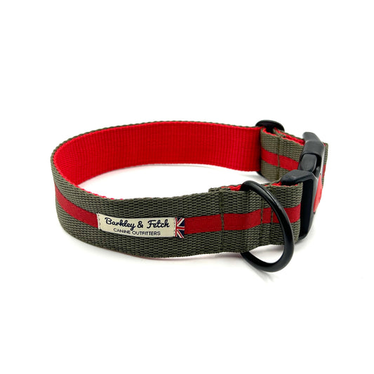 A wide webbing dog collar with a red interior and green exterior straps, featuring a secure clip fastening with a black welded heavy duty d-ring, and the brand 'Goochy' visible.