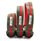 Three dog collars with red straps and visible branding on a white background
