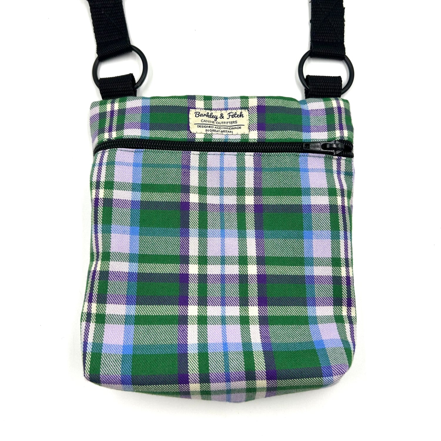 Handy shoulder bag made from green and purple tartan fabric for walking your dog with.