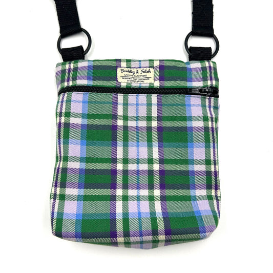 Handy shoulder bag made from green and purple tartan fabric for walking your dog with.
