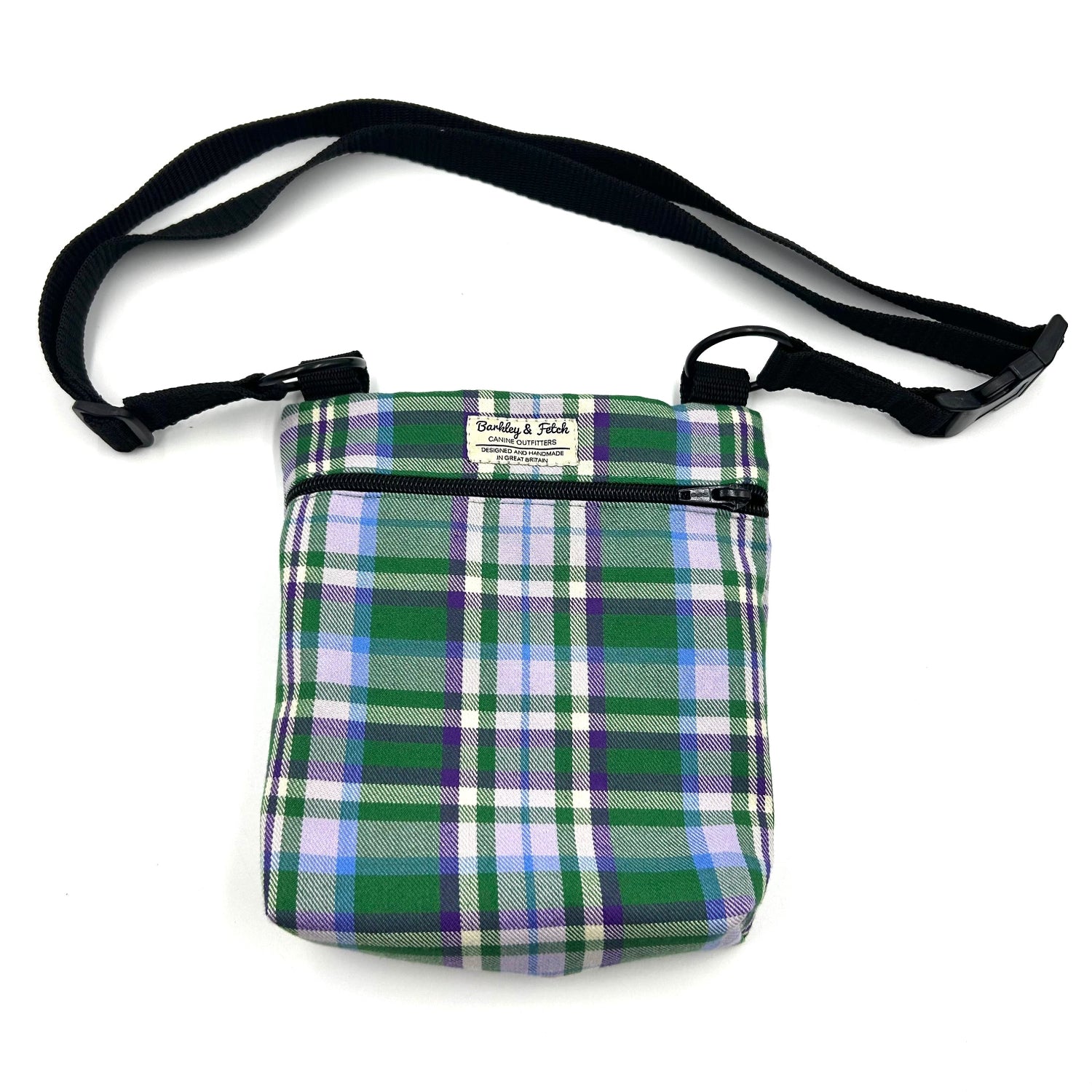 Handy shoulder bag made from green and purple tartan fabric for walking your dog with.