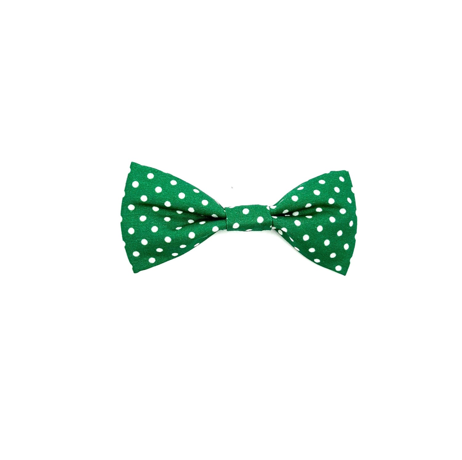 Stylish green dog bowtie with white polka dots with elastic loops at the back to thread through a collar