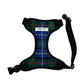 A Gunn tartan fabric soft harness for dogs, featuring an adjustable neck and girth with a side release buckle, webbing, and a heavy duty d-ring.