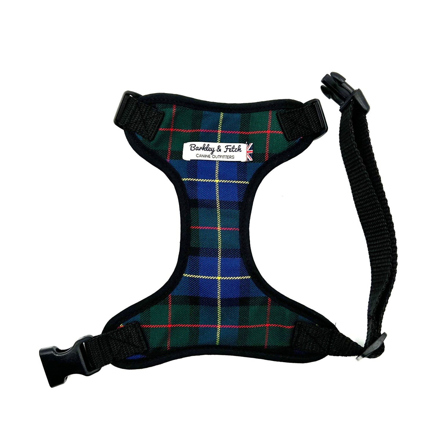 A Gunn tartan fabric soft harness for dogs, featuring an adjustable neck and girth with a side release buckle, webbing, and a heavy duty d-ring.