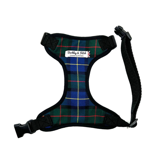 A Gunn tartan fabric soft harness for dogs, featuring an adjustable neck and girth with a side release buckle, webbing, and a heavy duty d-ring.