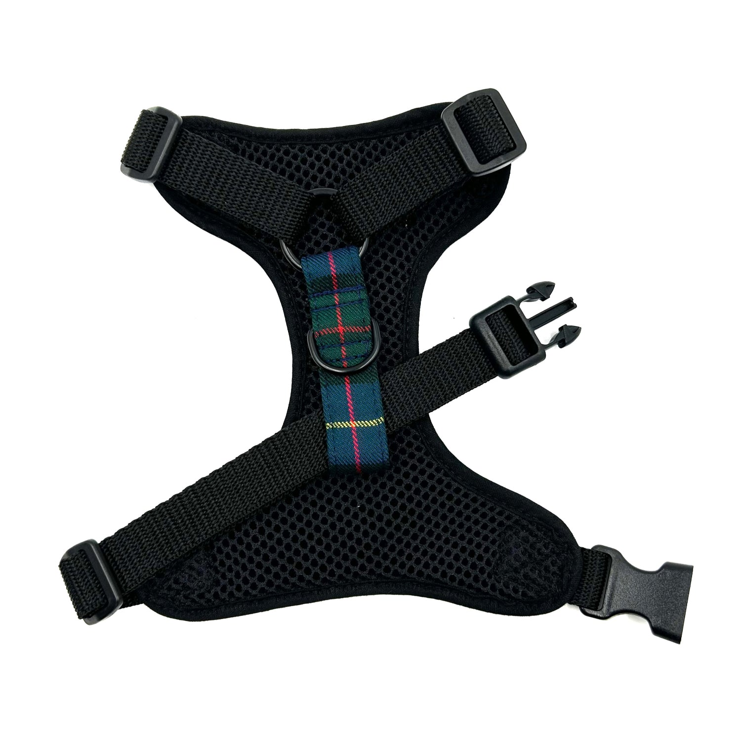 Black dog harness with tartan strap on a white background