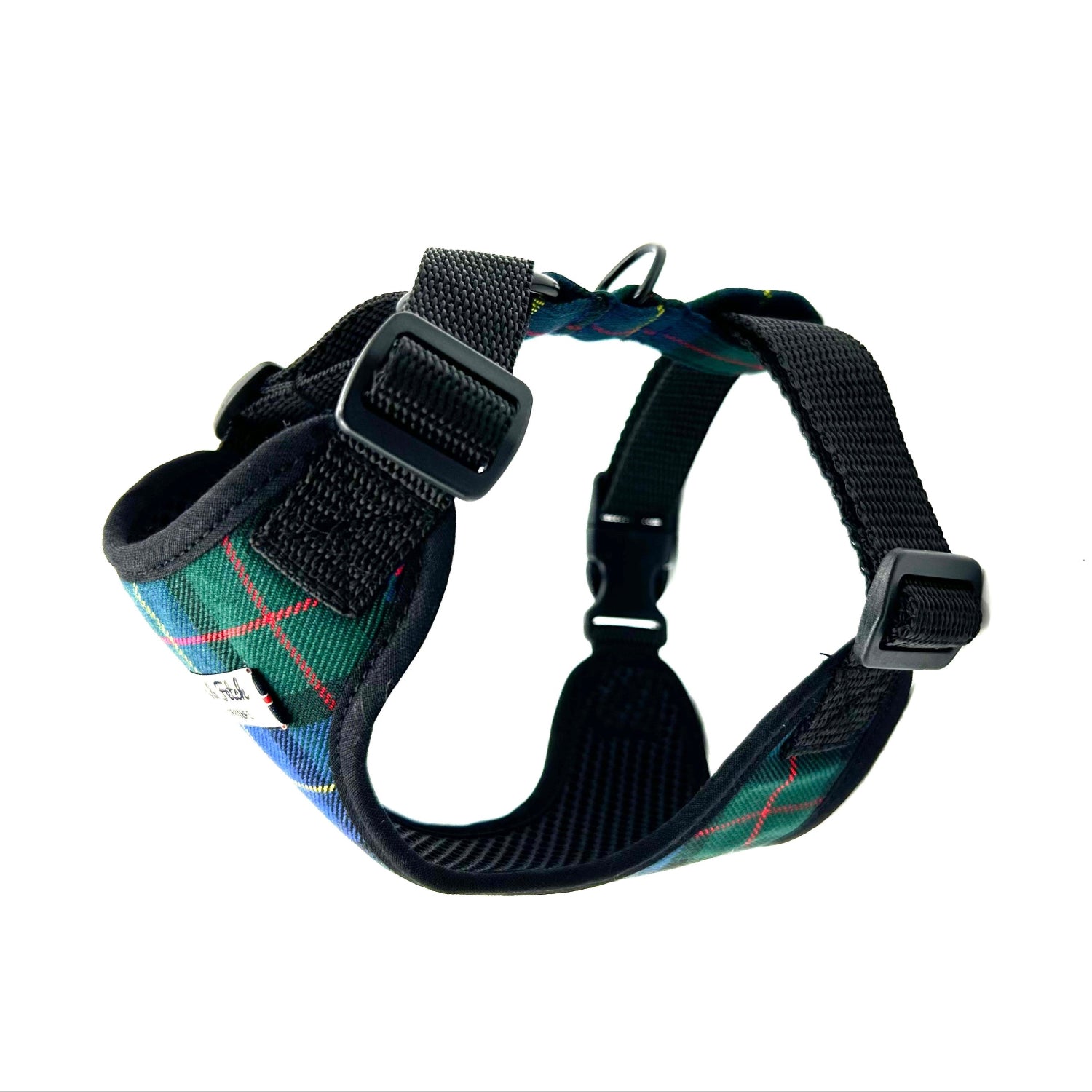Dog harness with plaid pattern on a white background