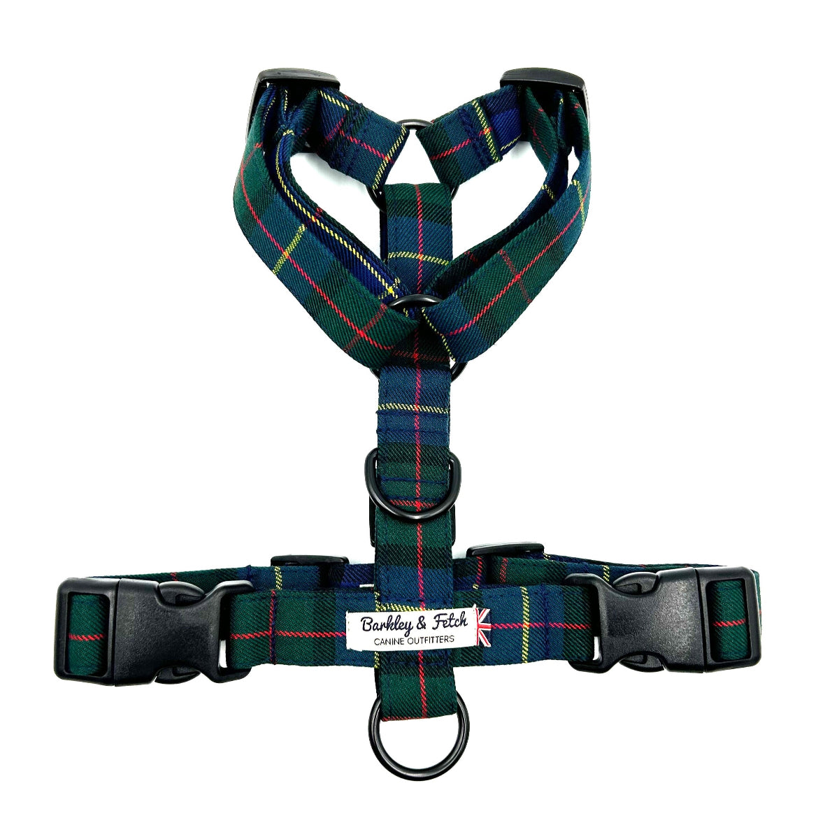 A Gunn tartan patterned dog harness with adjustable straps, two side release buckles, and D-ring positions. handmade in the UK by Barkley and Fetch
