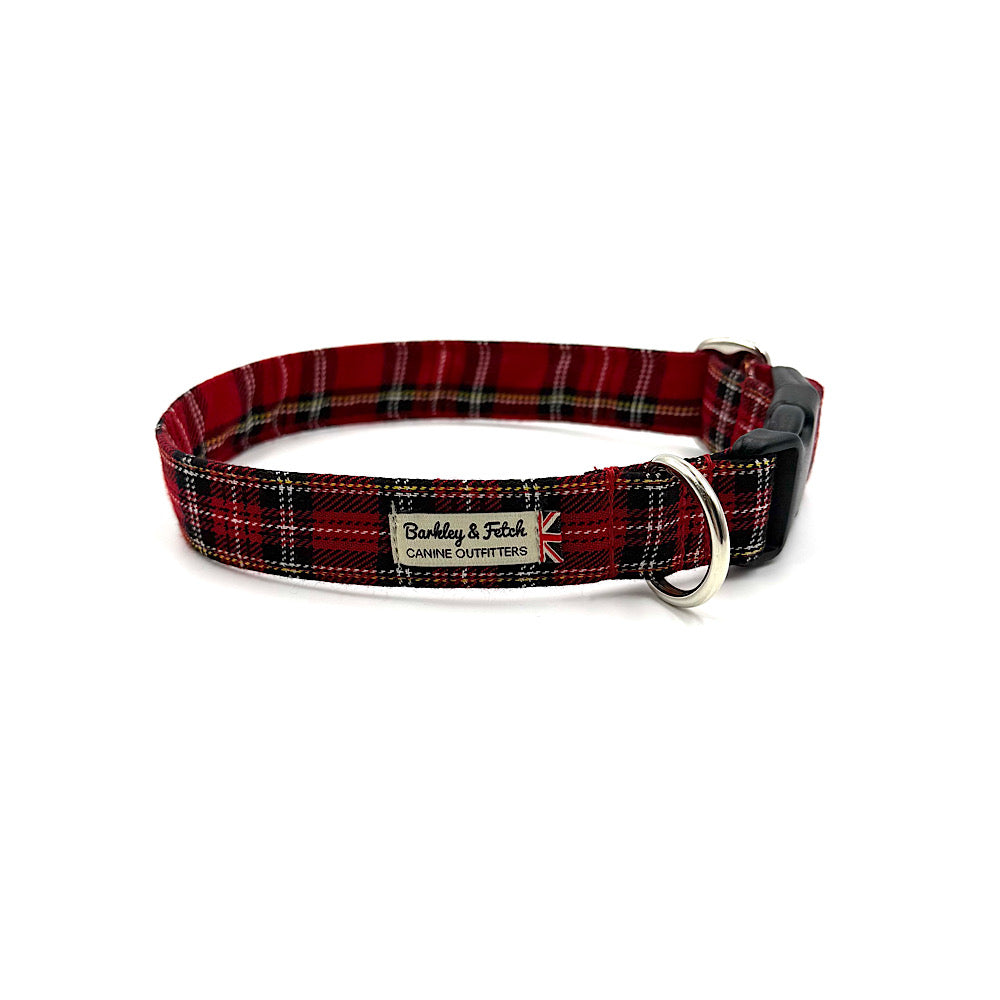 Soft and strong red tartan handmade dog collar on a white background