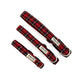 Three handmade red tartan dog collars diagonally placed on a white background