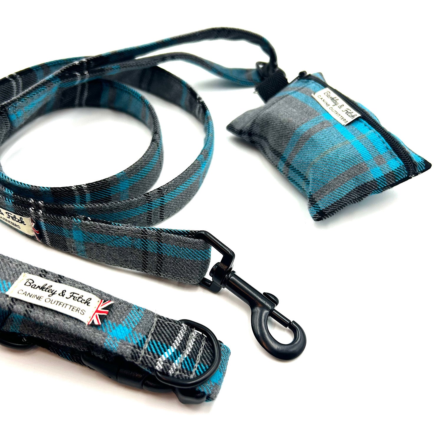 Turquoise and grey dog accessories on a white background