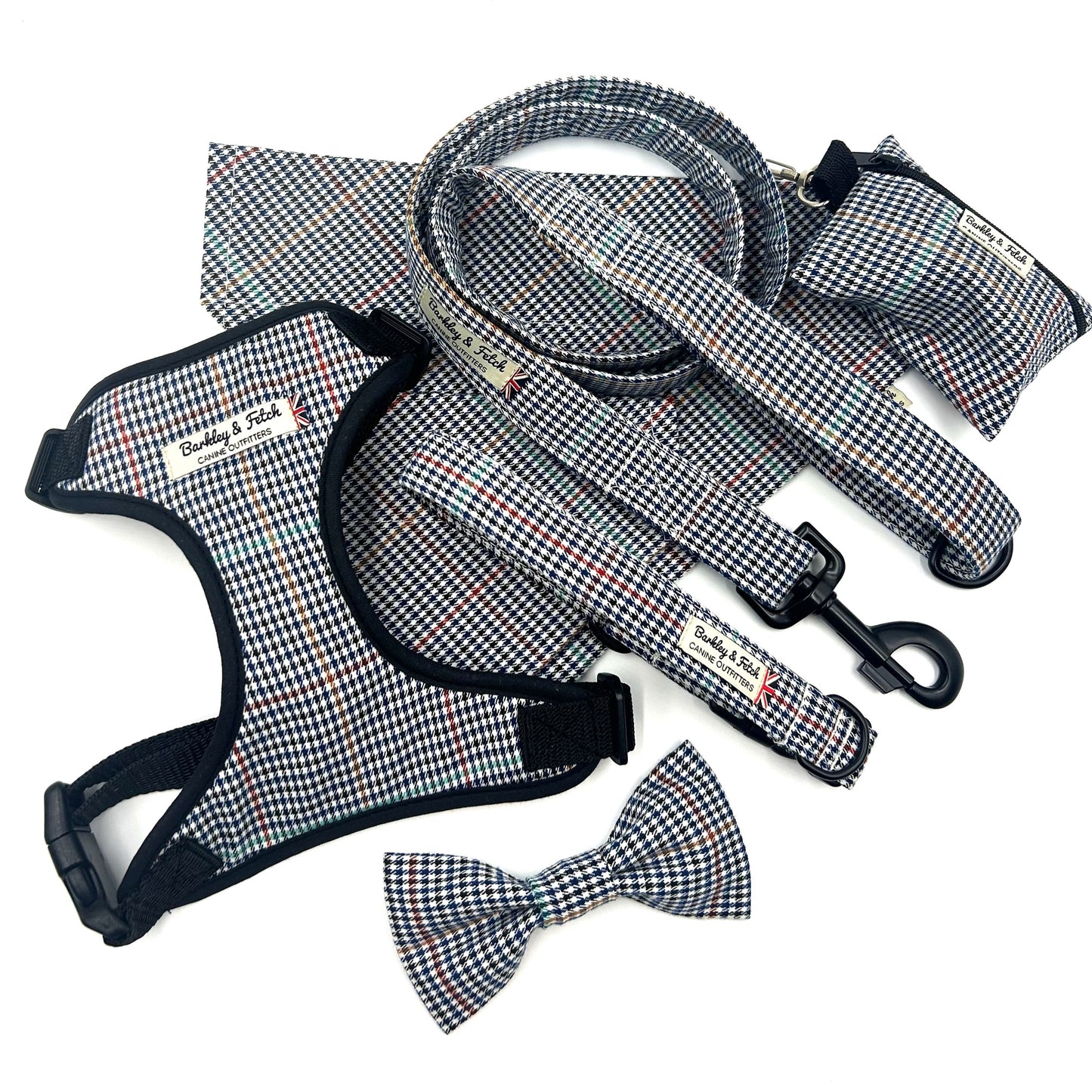 Navy Dogtooth Check Dog Bowtie