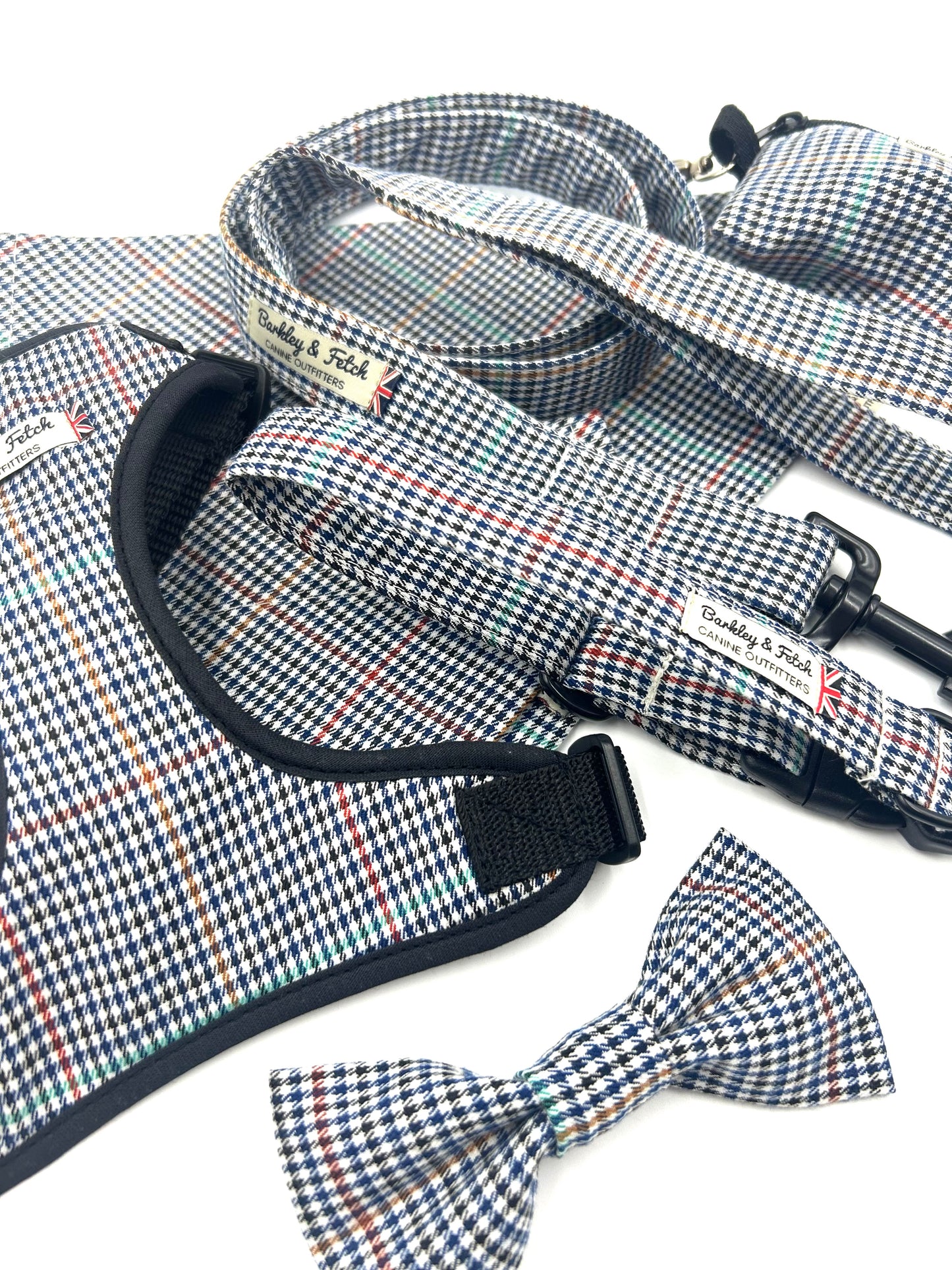 Navy Dogtooth Check Dog Bowtie