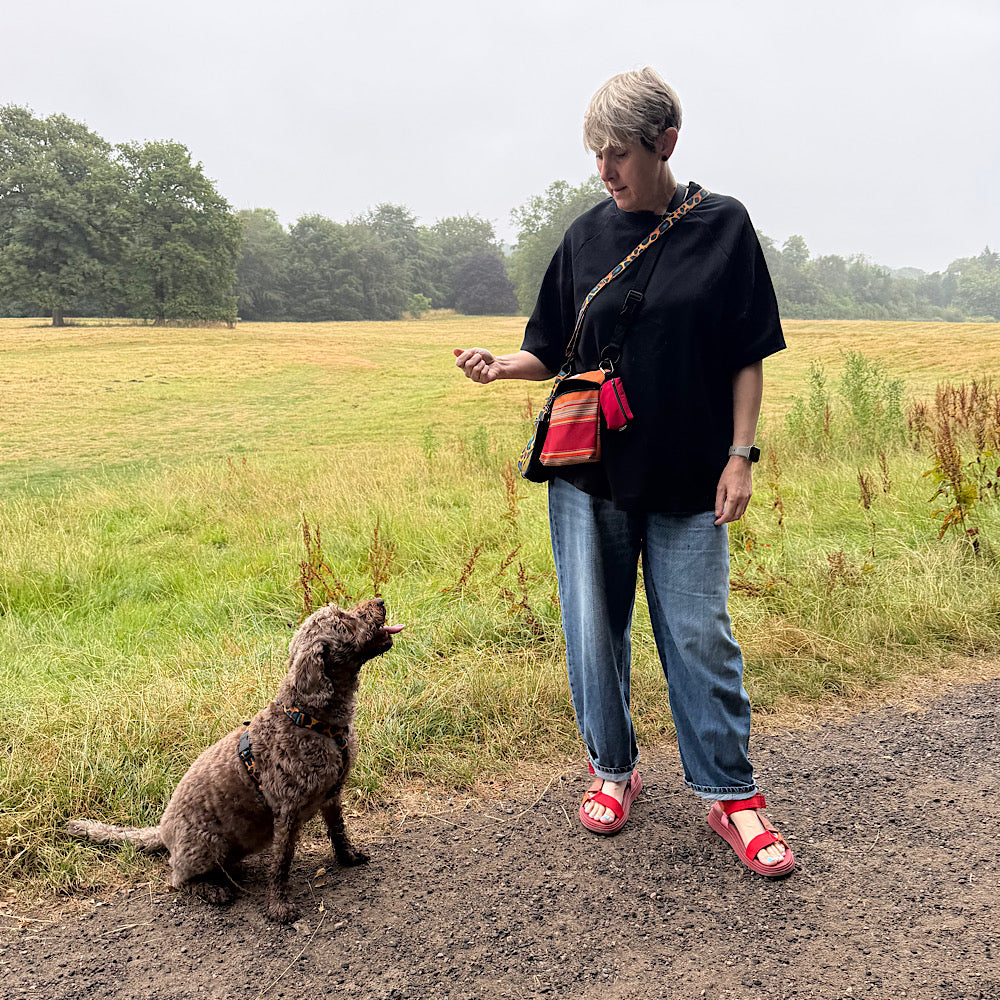 A woman standing on a dirt path in an open grassy field, wearing a black oversized T-shirt, blue jeans, and red sandals, with a small red and black crossbody bag. A brown curly-haired dog is sitting beside her, looking up.