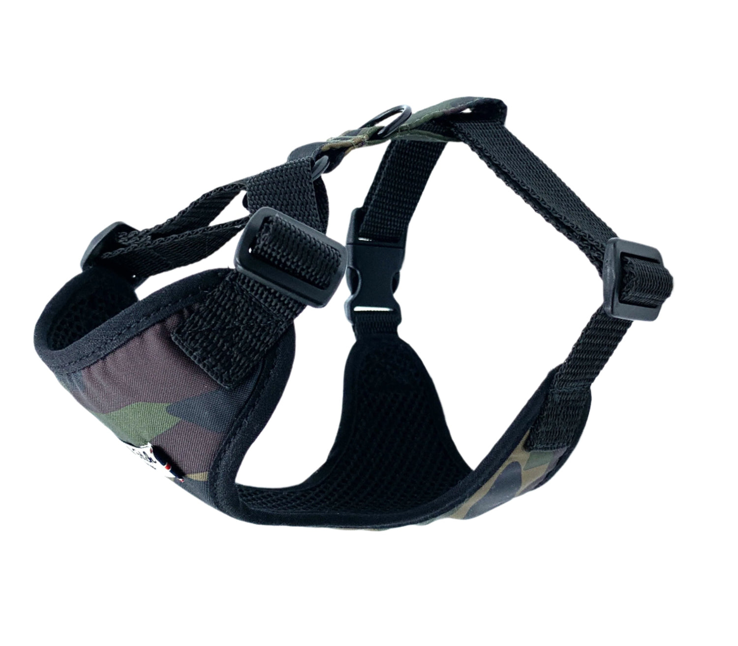Black dog harness with camouflage padding on a white background