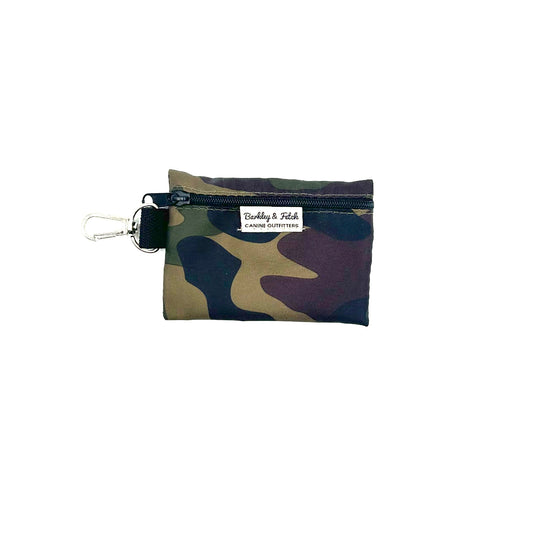 Handmade khaki camo print poo bag holder with attachable clip