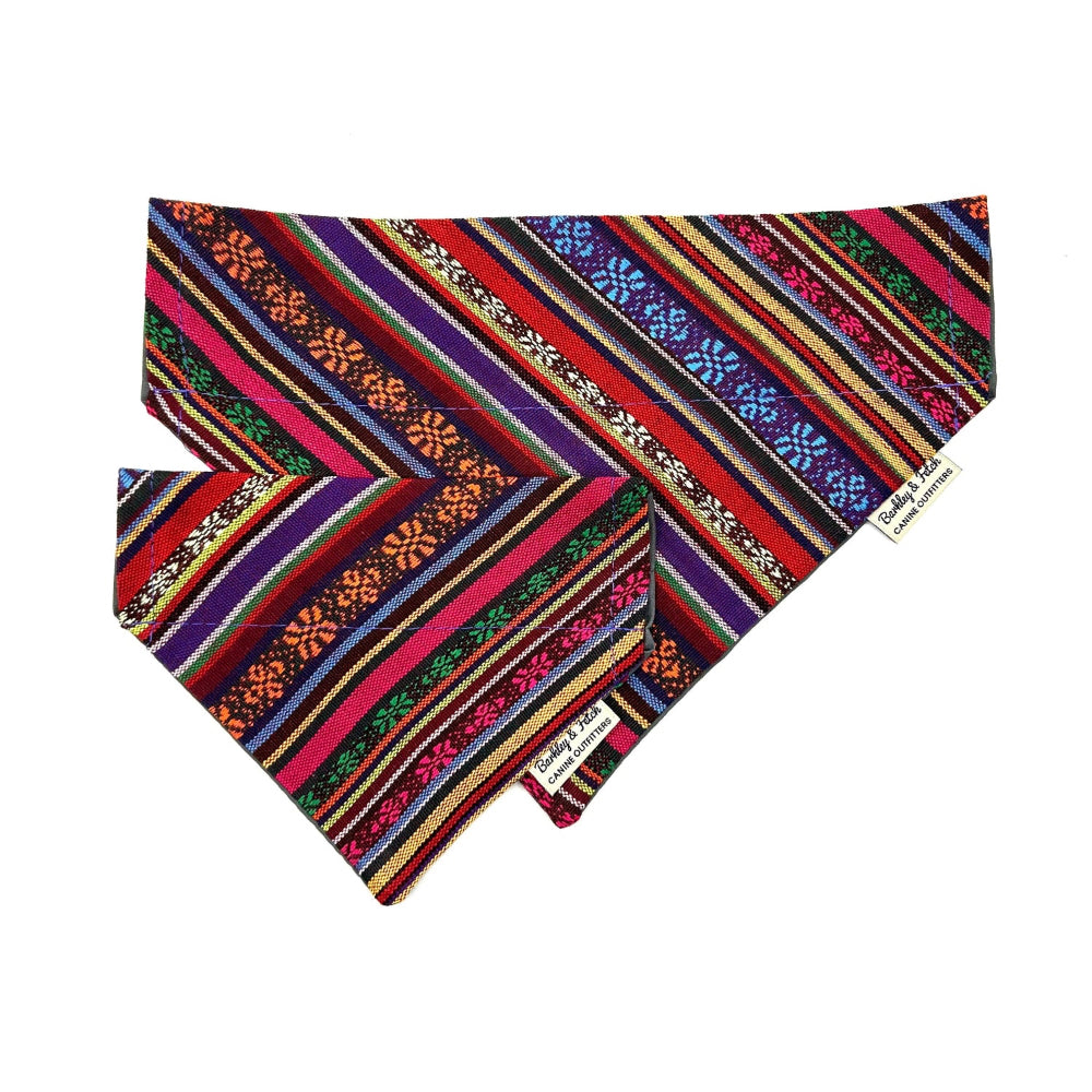 Colorful striped bandana with intricate patterns on a white background