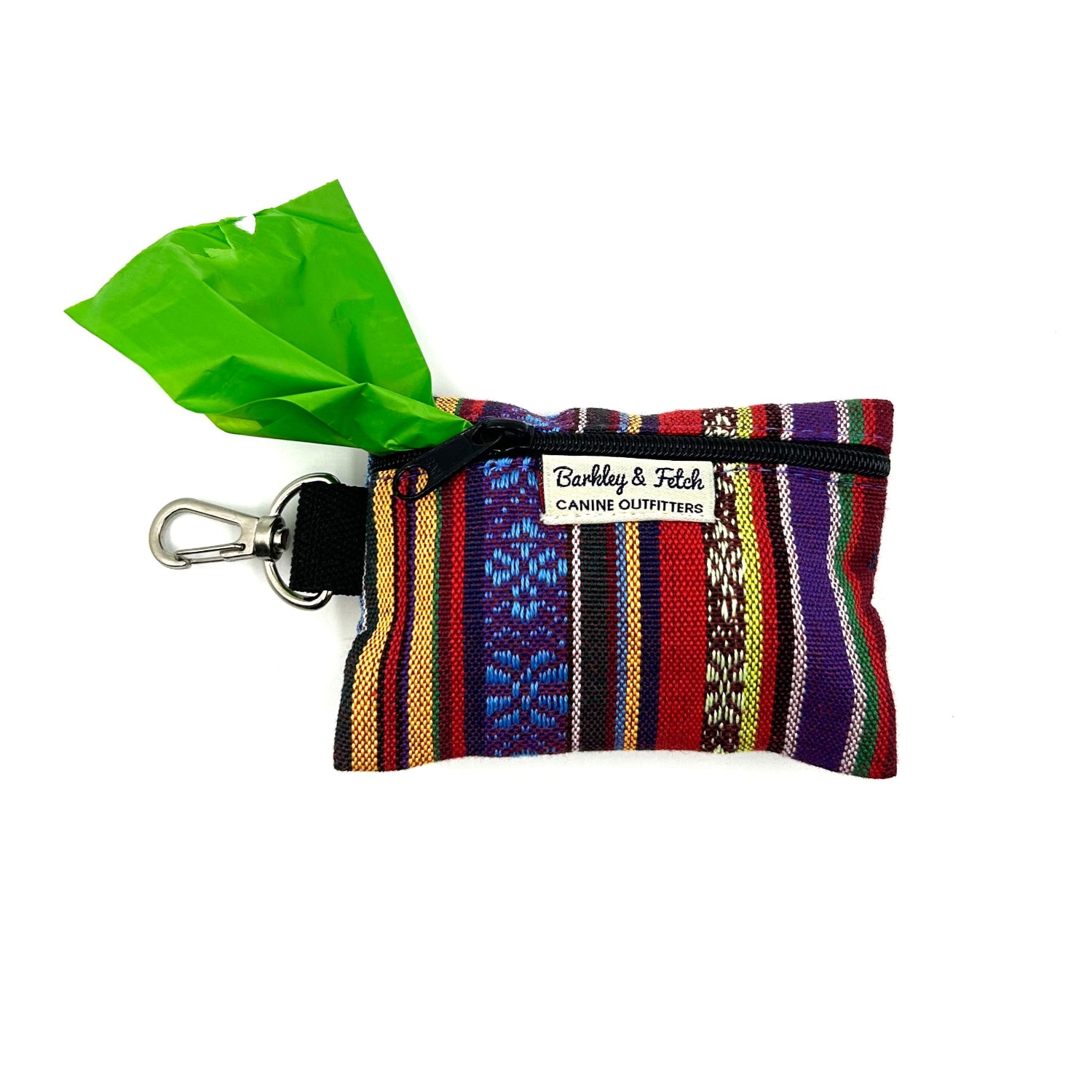 Multicolored pet waste bag holder with a keychain clip on a white background