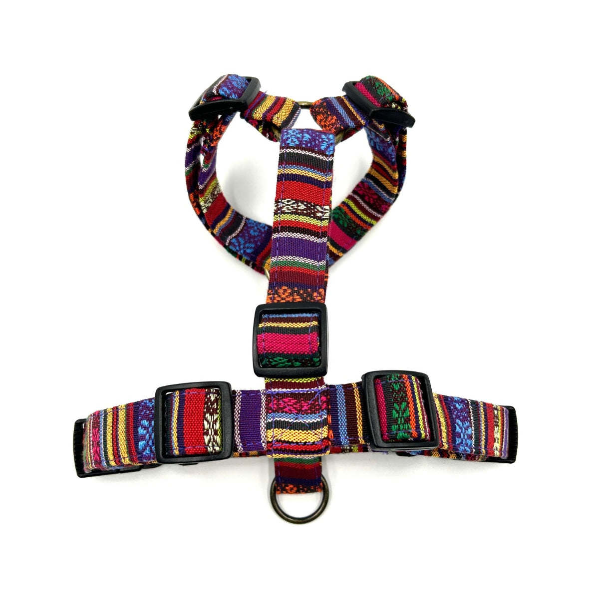 Colorful woven dog harness on a white background handmade by Barkley and Fetch UK