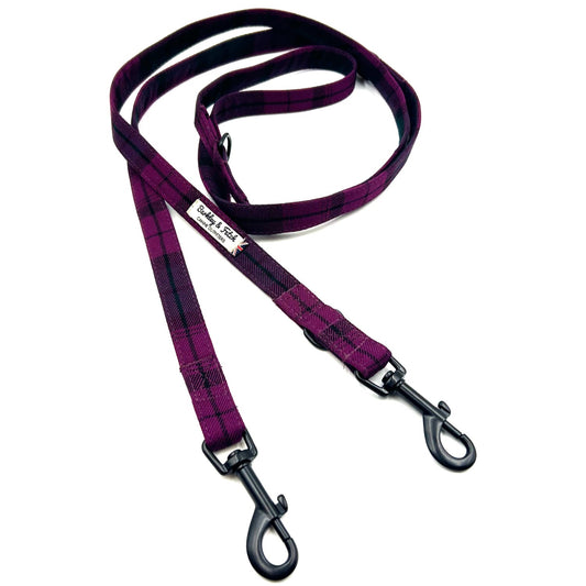 Stylish mulberry purple tartan double ended dog training lead