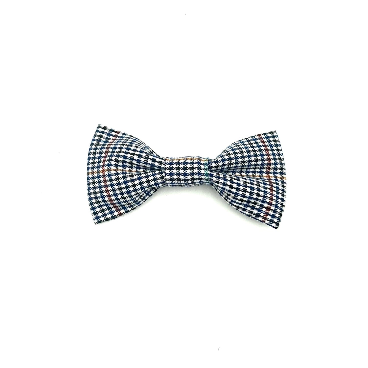 Stylish navy and white dogtooth check dog bowtie with elastic loops at the back to thread through a collar
