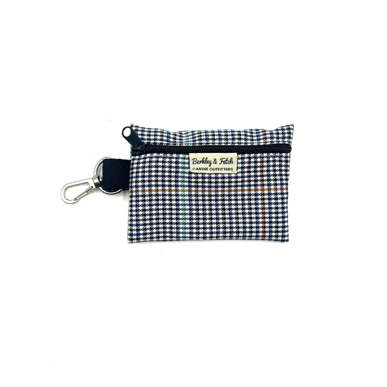 Handmade navy and white dogtooth check print poo bag holder with attachable clip