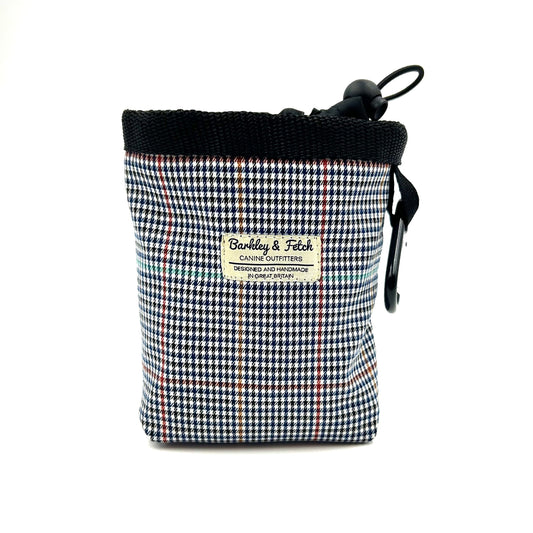 Stylish navy blue and white dogtooth check print treat bag with drawstring and attachable clip