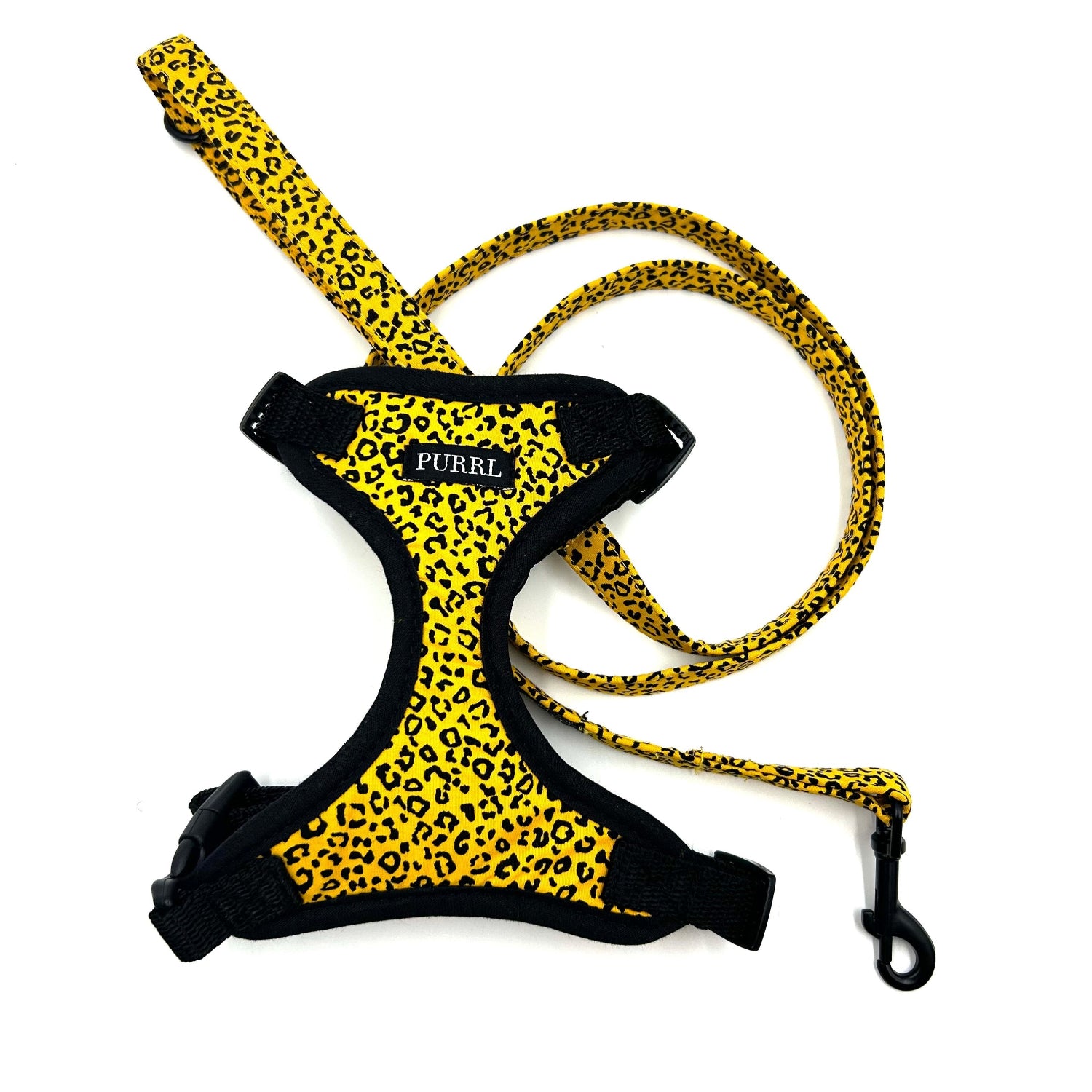 Stylish yellow and black ochre leopard print soft harness with black trims and lead for cats