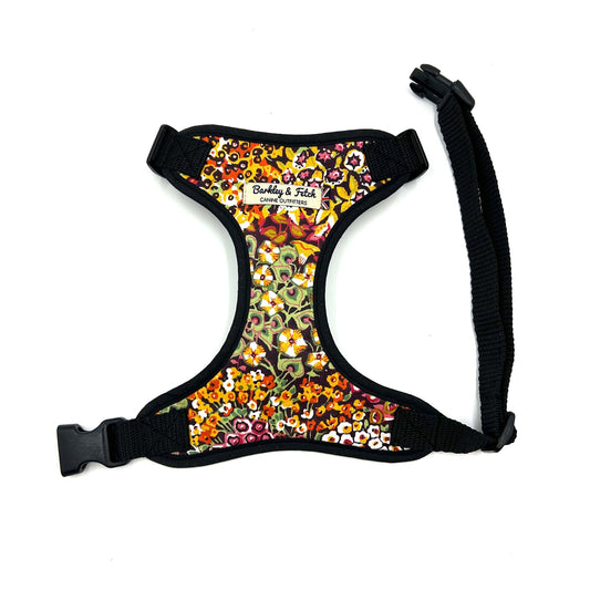 Beautifully made orange floral print soft harness with black trims