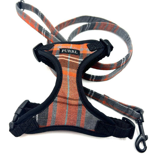 Handmade orange and grey tartan cat harness with black trims and lead