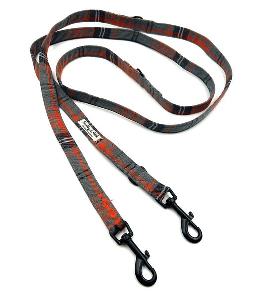 Stylish orange and grey tartan double ended dog training lead