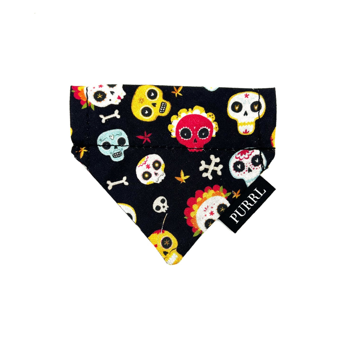 Colorful skull patterned bandana with 'PURL' branding on a white background