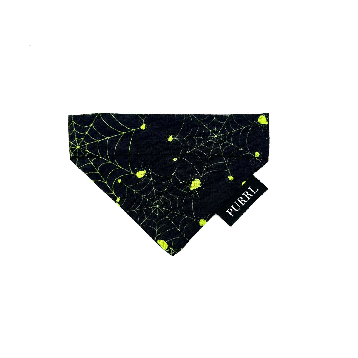 Black pet bandana with green spider webs and glowing eyes on a white background