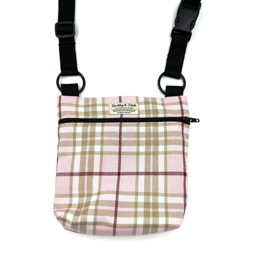 Stylish pale pink tartan shoulder bag for dog walking