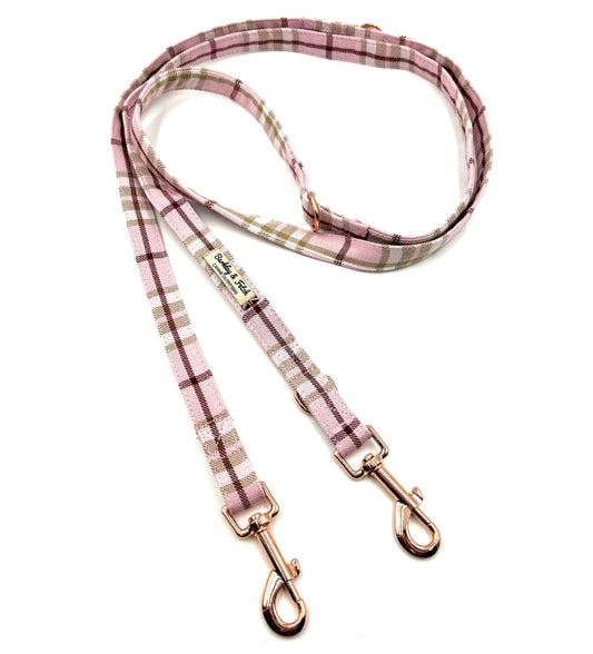 Beautiful handmade pale pink tartan double ended dog training lead 