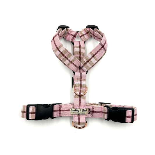 Beautiful handmade pale pink tartan strap harness for dogs