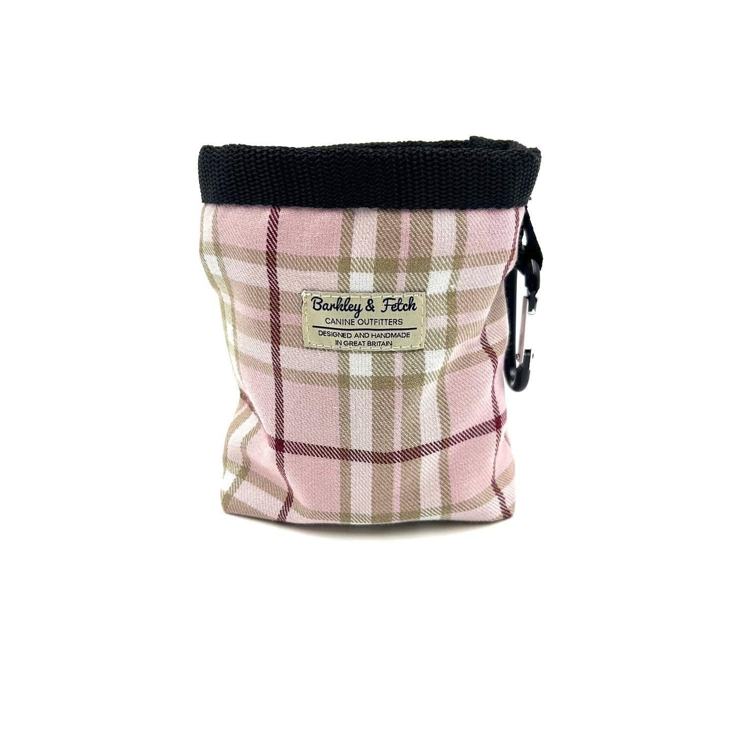 Beautifully made pale pink tartan treat bag with drawstring and attachable clip