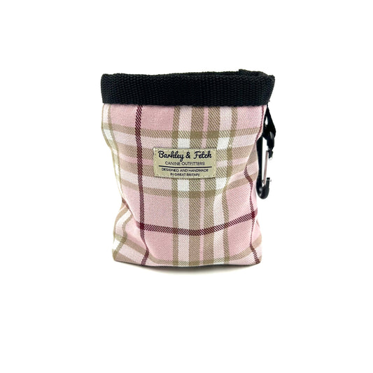 Beautifully made pale pink tartan treat bag with drawstring and attachable clip