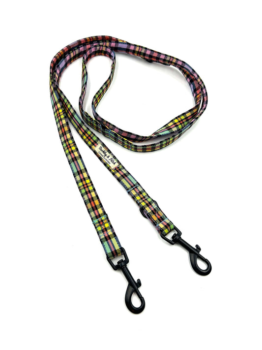 Stylish pastel rainbow check double ended dog training lead 