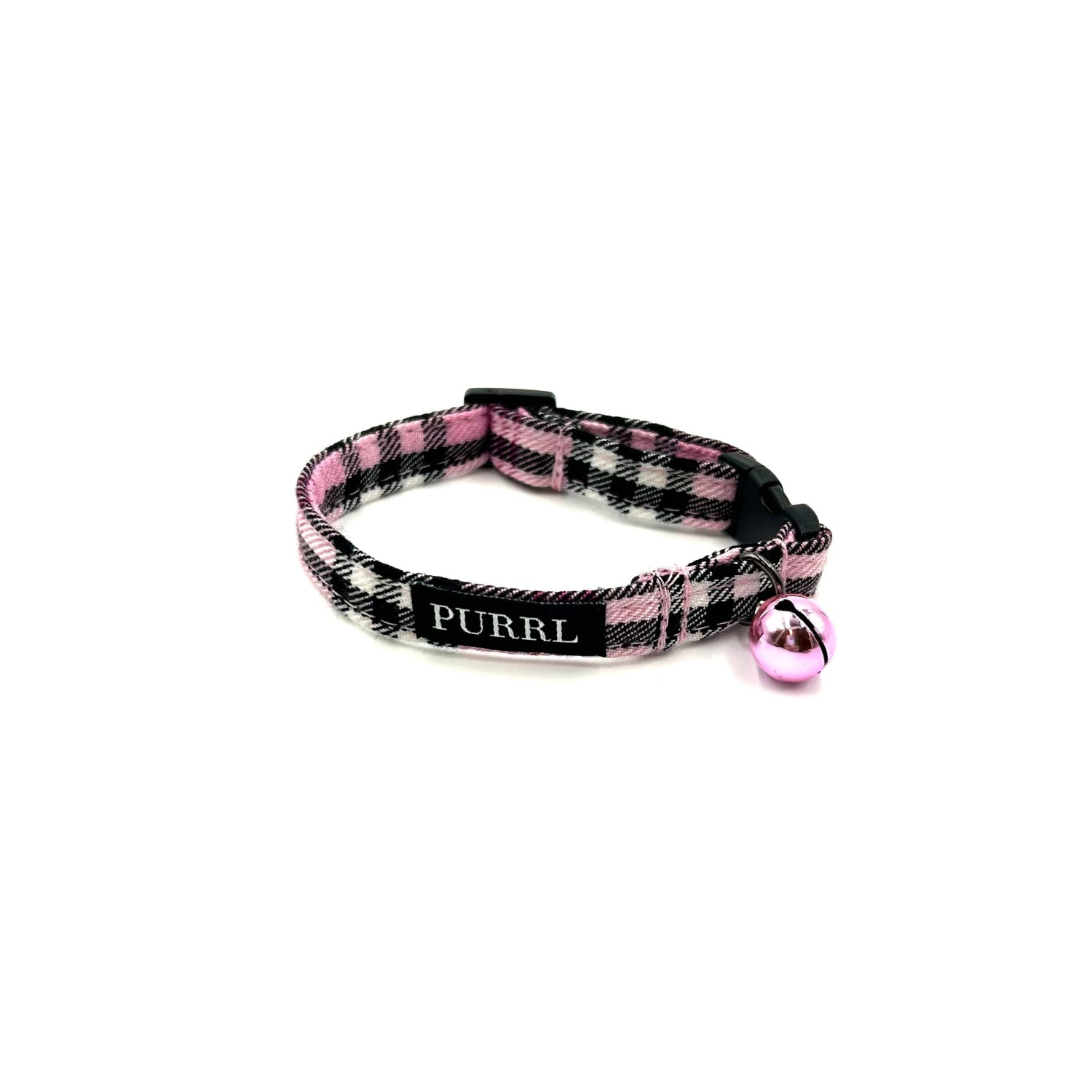 Pretty pink check cat collar with bell, bandana and bowtie that can attach to collar