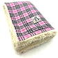 Beautiful handmade pink check dog blanket with Sherpa fur on the inside